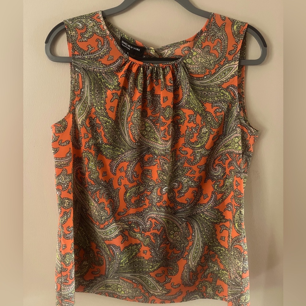 Jones New York Collection Orange & Green Paisley Print Sleeveless Top, Sz10 25"L